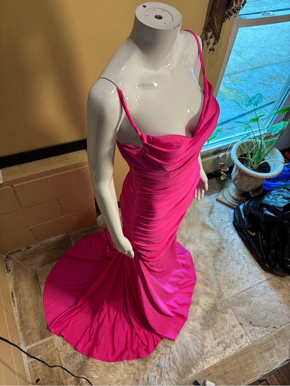 Hot Pink Ruched Spaghetti-Strap Prom Gown - Picture 4 of 12